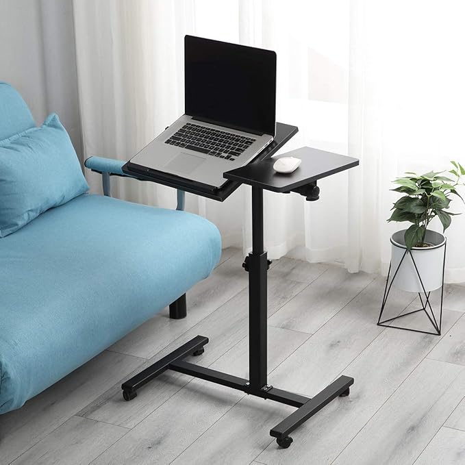 TigerDad Overbed Bedside Desk Mobile Rolling Laptop Stand Tilting Overbed Table with Wheels Height Adjustable Tray Table for Laptop Bed Sofa Side Table (Black)