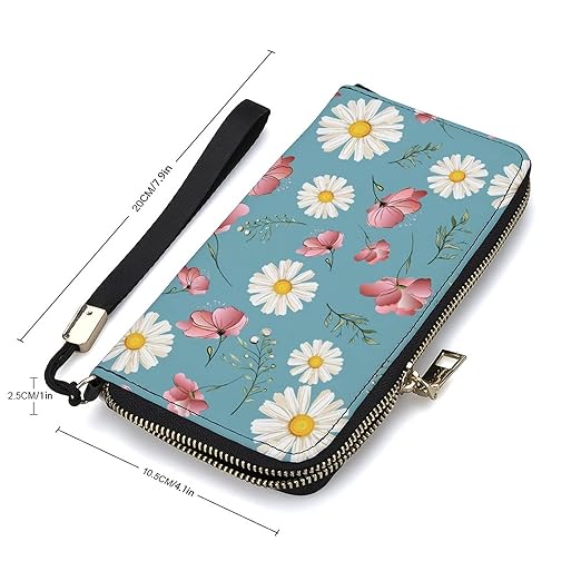 Unisex Zip Around Wallet for Adults Teens White Daisy Pink Flower Blue Background Coin Pouch Cash Pocket PU Leather Wallets Card Holder Organizer Designer Purse with Wristlet Strap