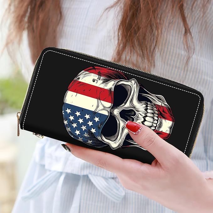 Women's Large Capacity Wallet PU Leather Zip Around Clutch Purse Multifunctional Wallet with Removable Wristlet Strap for Smart Phone/Coin/Card/Cash - American Flag Skull