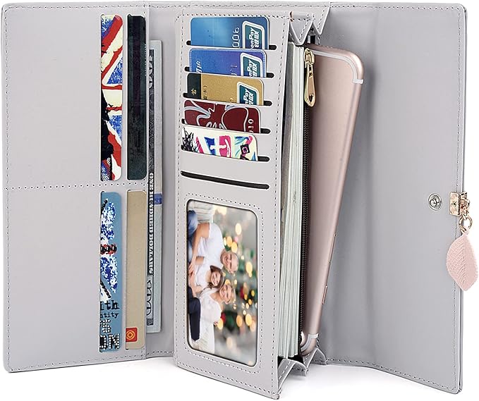 UTO RFID Wallet for Women PU Leather Leaf Pendant Card Holder Phone Checkbook Organizer Zipper Coin Purse | Leaf Pendant