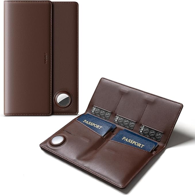 VULKIT Family Passport Holder for 4 Leather Passport Wallet with Airtag Slot Multiple Passport Holder RFID Blocking Bifold Travel Documents Organizer