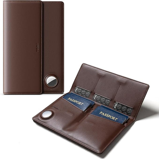 VULKIT Family Passport Holder for 4 Leather Passport Wallet with Airtag Slot Multiple Passport Holder RFID Blocking Bifold Travel Documents Organizer