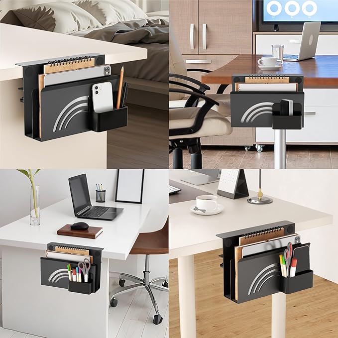 Onemake 2-Tier Rainbow Desk Side Storage, No Drill Laptop Holder, Clamp on Desks Shelf with Magnetic Pen Holder, Hanging Desk Organizer for Home Office, Fits Flat Edge Tables 0.4" to 2.3"