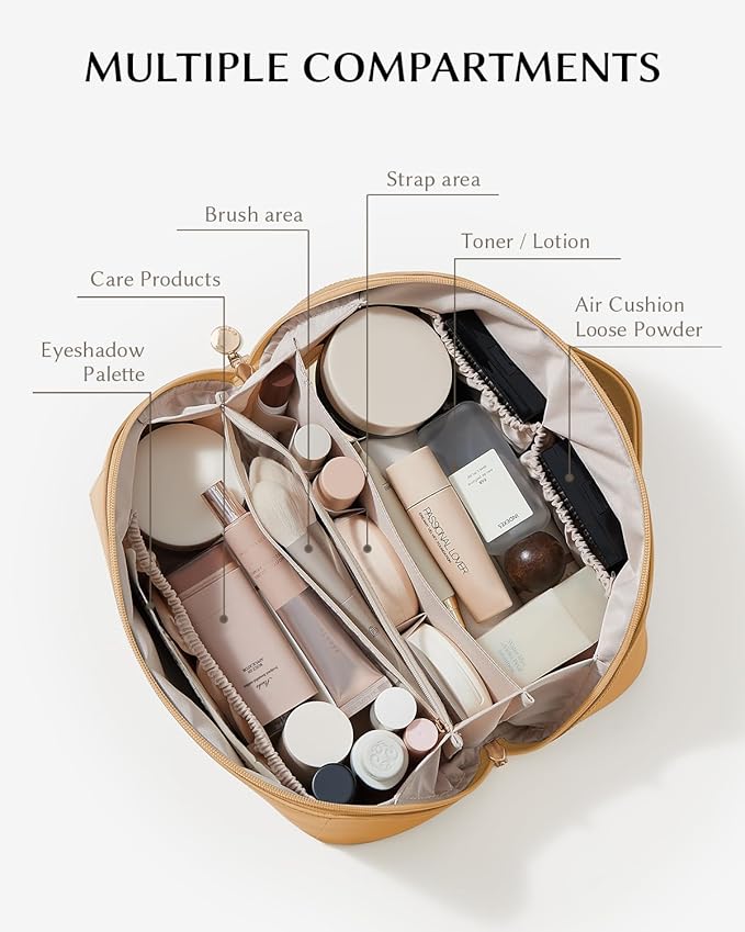 EACHY Travel Makeup Bag, Large Capacity Cosmetic Bag for Women, Waterproof PU Leather, Flat Open Portable Toiletry Bag for Skincare, Brushes & Travel Essentials