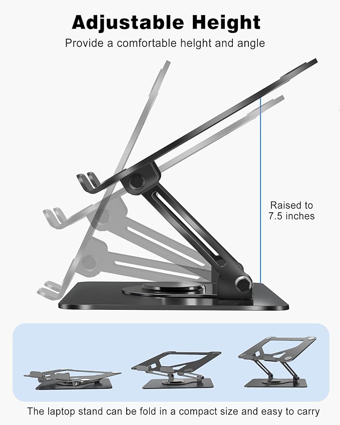 360° Rotating Laptop Stand, Foldable & Height Adjustable Metal Macbook Stand with Ventilated Design for Better Cooling, Ergonomic Portable Notebook Holder for MacBook, Office Work Laptops 10-16 inch