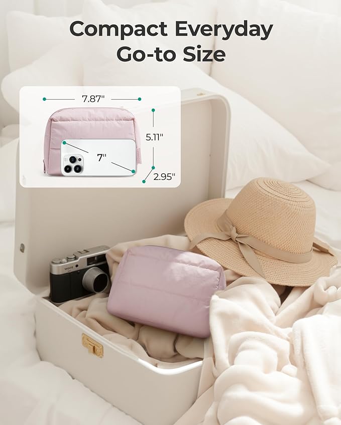 BAGSMART Cute Puffy Makeup Bag, Wide Opening Cosmetic Bag Compact & Spacious, Water-Resistant Travel Organizer Pouches for Women (Baby Blue)