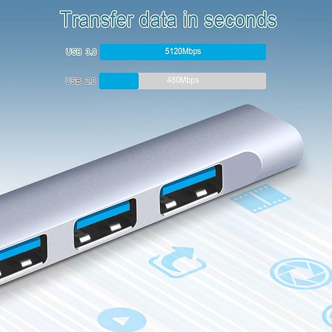 4-Port USB Hub Port Splitter: USB Port Expander - USB 3.0 Hub USB Dongle Multiport for Office Laptop PC Dell HP - Aluminum Alloy