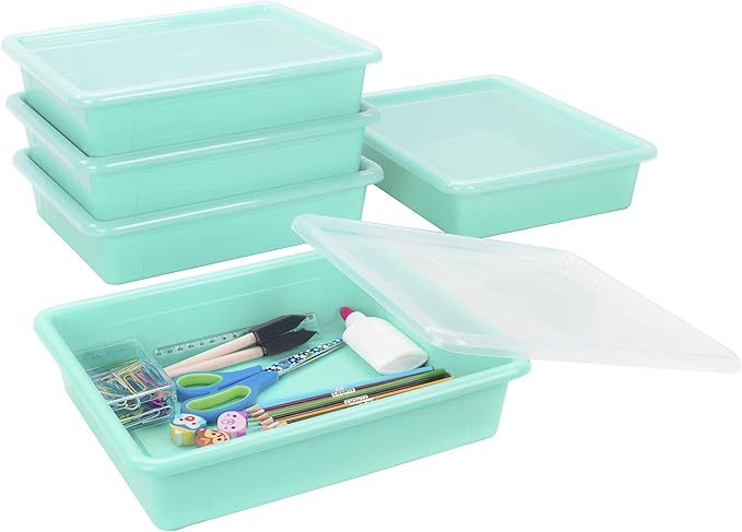 Storex Letter Size Flat Storage Tray – Organizer Bin with Non-Snap Lid for Classroom, Office and Home, Teal, 5-Pack (62541A05C)