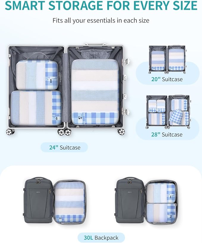 ECOHUB 6 Set Packing Cubes for Travel Durable Suitcase Organizer Bags Set with Personalized Tag Travel Essentials with Shoe Bag Traveling Accessories for Luggage Machine Washable,Light Blue