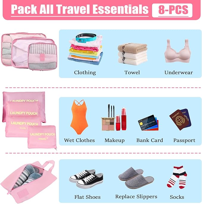 8 Set Packing Cubes for Travel Luggage Packing Bags Reusable Waterproof Suitcase Organizer Cubes Set with Shoe Bag and Toiletry Bag (Pink)