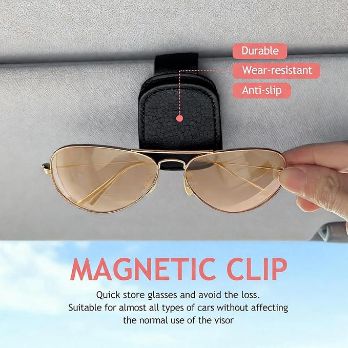 Sunglass Clip for Car Visor, Car Sunglass Holder Clip, Sunglasses Visor Clips for Cars, Magnetic Leather Glasses Eyeglass Hanger Clip for Car, Car Visor Accessories (Black)