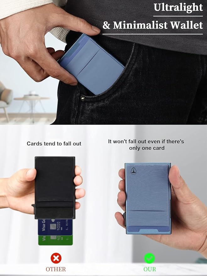 TOYFID Slim Wallet for Men - Pop Up Card Holder Wallet,Minimalist Business Wallet,Credit Card Wallet with Money Pocket,Metal Card Case Wallet,RFID Blocking,Can Hold 6 Credit Cards
