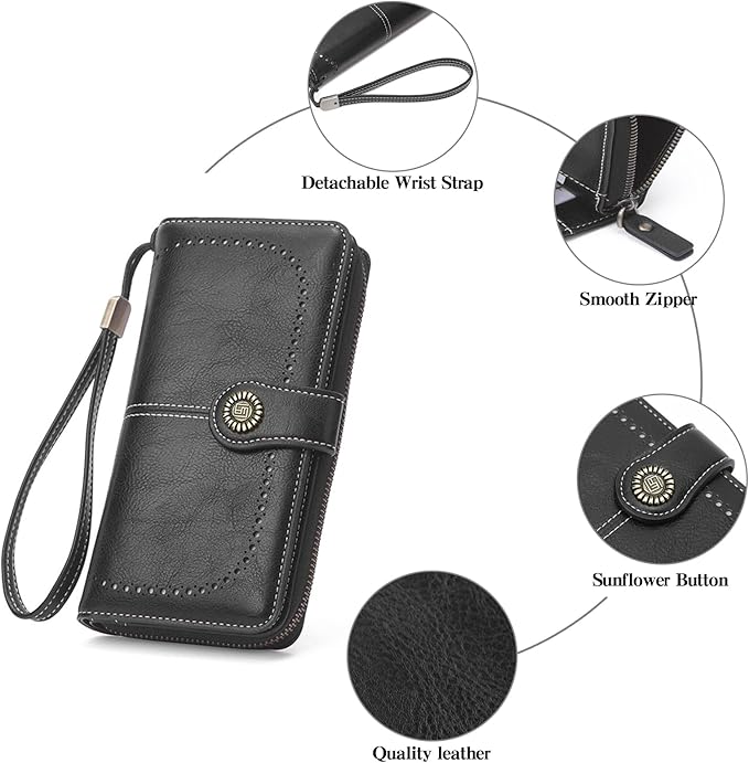 RNIEGA Womens Wallet Leather Billfold RFID Blocking Credit Card Holder Wristlet Wallets for Women Ladies Purses with Zipper Coin Pocket