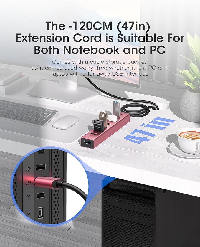 FORIDA USB Hub Long Cable 8 Ports Multiport Adapter with 7-Port USB 3.0 Data Ports, 5V/3A Type-C Power Port Splitter, USB Extender for Laptop PC and More (Rose Gold, USB A-47in)