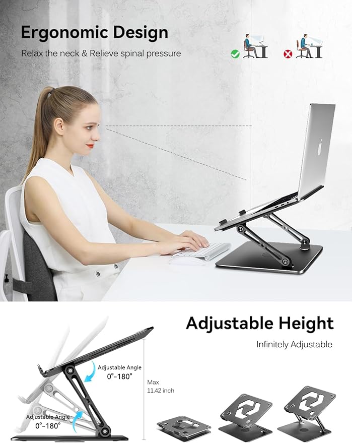 ivoler Adjustable Laptop Stand with 360° Rotating Base, Ergonomic Laptop Stand for Desk, Foldable & Portable Laptop Riser, Suitable for Collaborative Work, Fit MacBook Laptops up to 16 inches[Black]