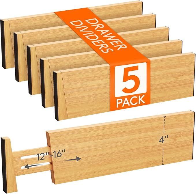 Lifewit 4" High 5 Pack Bamboo Drawer Dividers 31-40cm/12-16 Adjustable Wooden Drawer Organizer for Clothes/Utensils, Expandable Drawer Separator for Dresser/Kitchen/Bedroom/Office Organization