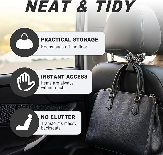 2PCS S-Type Bling Car Seat Headrest Hooks, Crystal Rhinestone Bow Seat Hooks for Purses and Bags, Rhinestone Car Accessories for SUV, Truck, Sedan (Black)