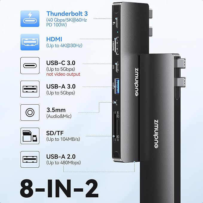 USB C Hub Adapter for MacBook Pro/Air M5 M4 M3 M2 M1 2025-2018 13" 15" 16", 8 in 2 MacBook Accessories Multiport Adapter Dongle with HDMI 4K, Thunderbolt 3, USB C&A Data Ports, SD/TF, Audio