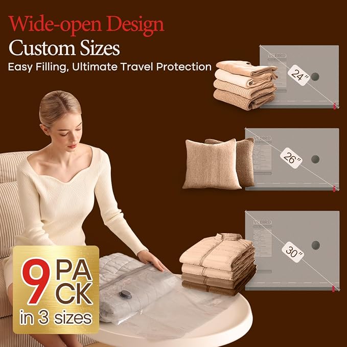 Vacbird 9 Pack Vacuum Bags for Travel with Rechargeable air Pump, Carry-on Size Vacuum Seal Bags for Luggage and Suitcase Compression, Space Saver for Clothes and Clothing Travel