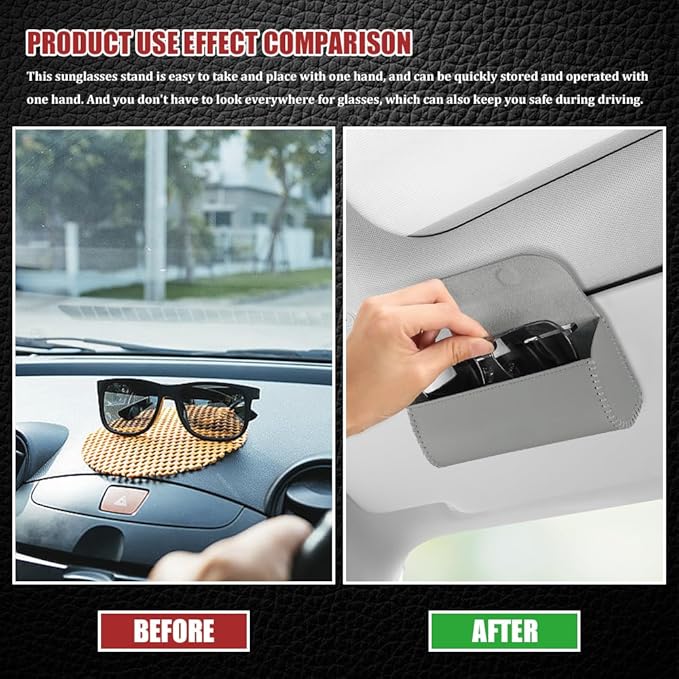 Sunglasses Holder for Car Sun Visor, Leather Auto Eyeglasses Storage Case with Hidden Magnetic Closure, Universal Protective Glasses Organizer Box, Visor Accessories for Woman Man (Gray)