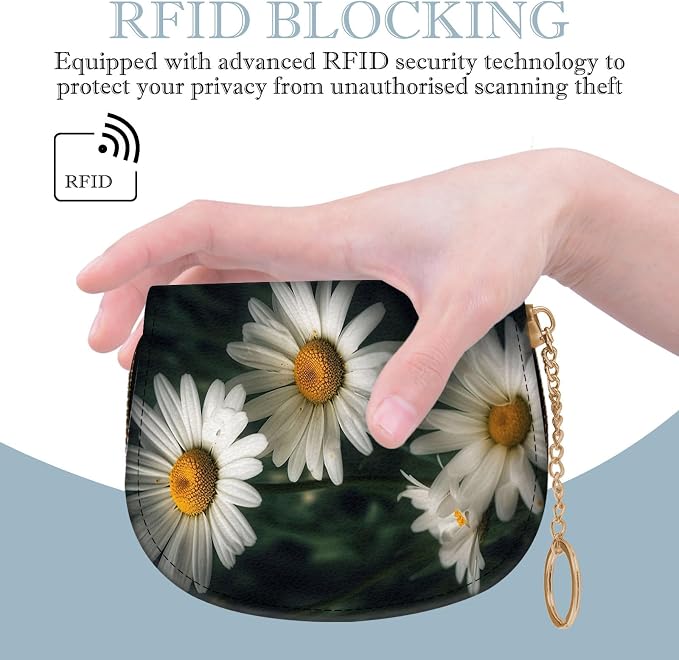 Women's Slim RFID Wallet – Compact Leather Card Holder Wallet for Women, 9 Card Slots RFID Blocking Credit Card Organizer, Small Travel Wallet - White and Yellow Daisy Flowers