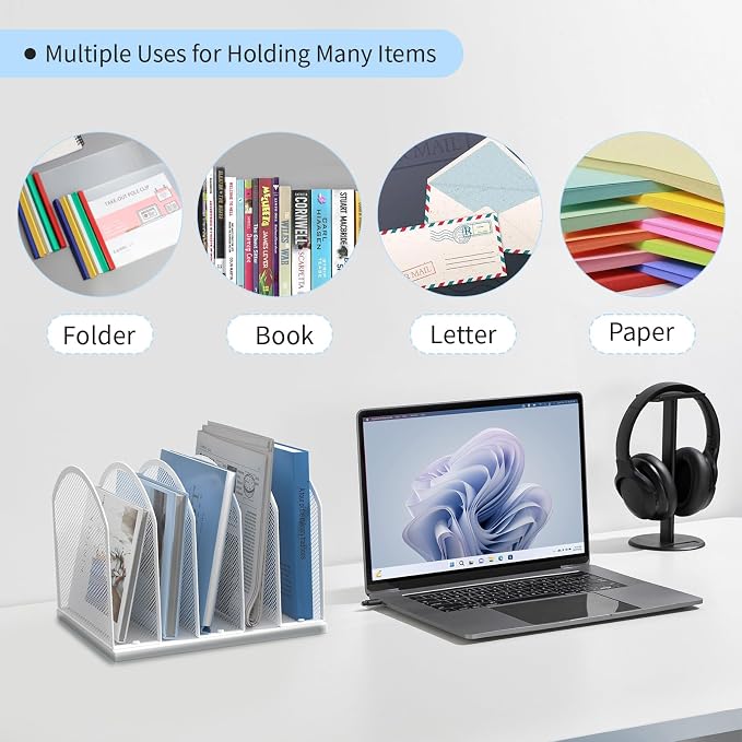 Gawerk 5-Section Vertical Desktop Organizer, 5-Section Mesh File Folder Stand Sorter for Office Home Classroom Organization (1, White)