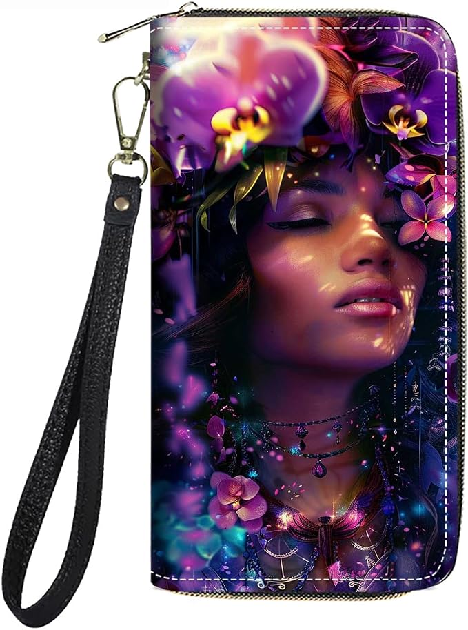 Women's Large Capacity Wallet PU Leather Zip Around Clutch Purse Multifunctional Wallet with Removable Wristlet Strap for Smart Phone/Coin/Card/Cash, Floral Wreath Women
