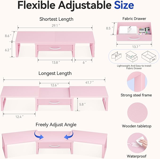 Desk Organizers and Accessories, Dual Monitor Stand Riser with Drawer, Computer Monitor Stand, Adjustable Desk Shelf for PC Laptop Printer TV, Pink