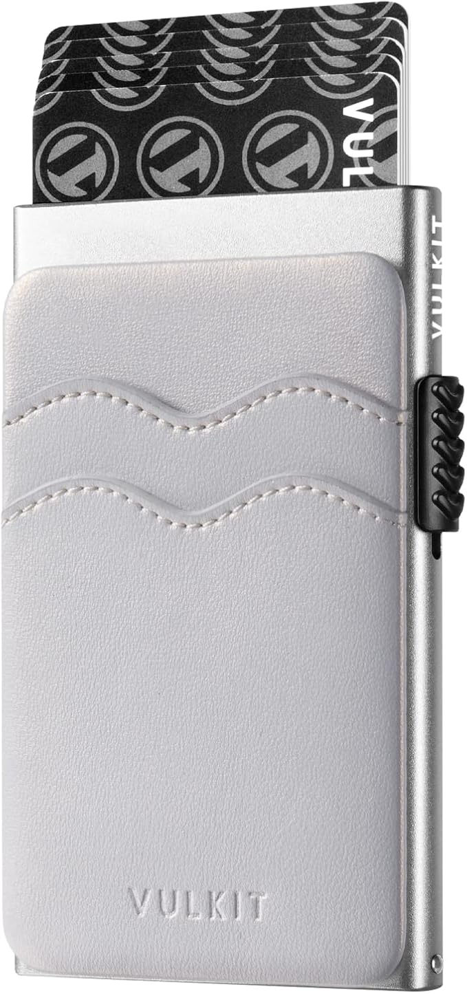 VULKIT Credit Card Holder Minimalist Slim Pop Up Wallet with Leather Slots RFID Blocking for Men and Women Holds 7 Cards and Notes Pearl White