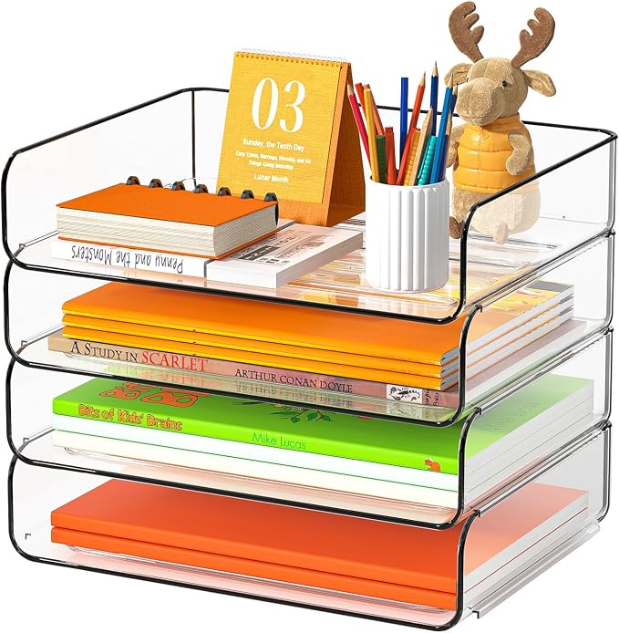 FANXIYQ 4-Tier Acrylic Paper Tray Organizer - Low-Profile Desk File Sorter for Office/Home, Clear Stackable Letter Tray for Bills, Crafts, Notebooks