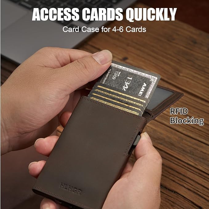 Wallet for Men，Slim Minimalist Smart Wallet for Men With Money Clip Genuine Leather Card Holder RFID Blocking Metal Aluminum Pop Up Card Wallet with ID Window Gift