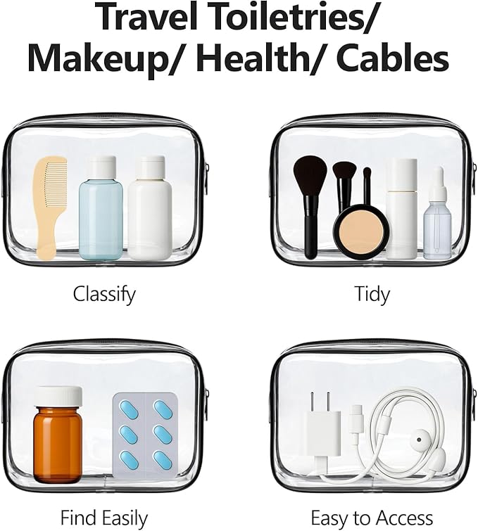 PACKISM TSA Approved Toiletry Bag 2 Pack - 1 Medium TSA Quart Carry-On & 1 Large for Checked Luggage, Water-resistant Clear Makeup Bag Clear Travel Bags for Toiletries, Active Black