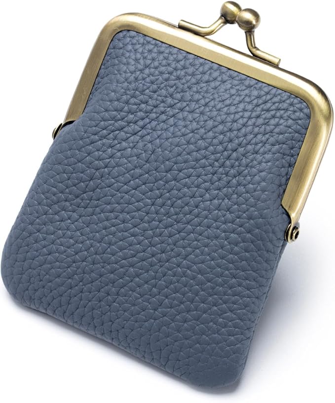 Genuine Leather Kiss Lock Coin Purse, Mini Wallet with Metal Clasp Frame, Small Change Holder，gift for women men (Blue)