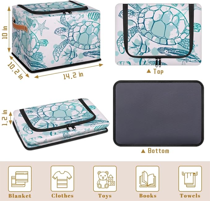 Sea Turtle Ocean Storage Bins With Zipper Lid, Collapsible Trunk Organizer, Car Organizers and Storage Bins with Lids, Decorative Storage Boxes with Handle, Home Storage Baskets for Organizing