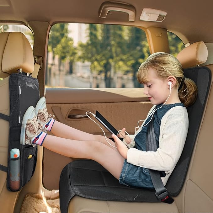 Siivton 2-in-1 Car Seat Protector & Kick Mat with iPad Holder - Kids Backseat Organizer with Touchscreen Pocket, Storage Pockets & Waterproof Cover for Child Safety and Mess-Free Rides