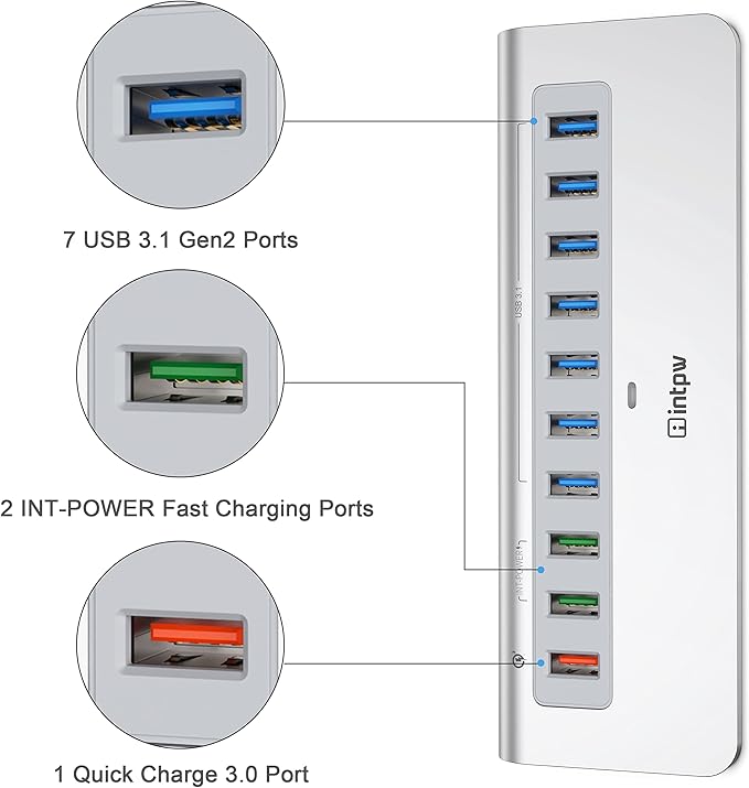 Powered USB Hub 10Gbps, 10 Port USB 3.2 Gen 2 Hub with 7 USB 3.2 Data Ports, 3 Fast Charging Ports, 36W Power Adapter, Type A and Type C Cable, Aluminum USB Data Hub for Mac, PC, Laptop