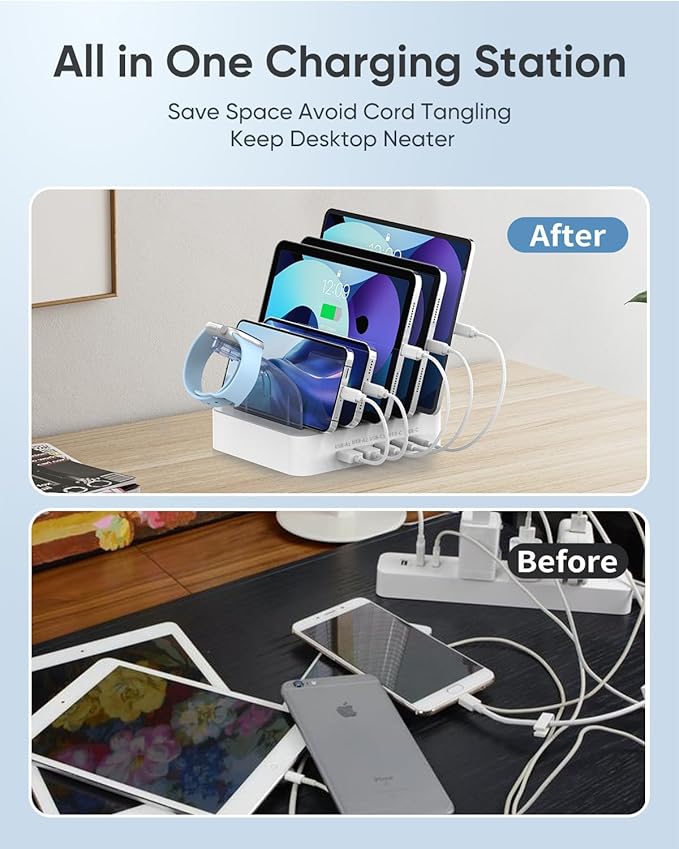 MSTJRY USB C Charging Station for Multiple Devices : 90W 5 Ports Multi Fast Charger for iPhone iPad Tablets Phone - Charging Dock Organizer with Adjustable Dividers for Home Office Classroom