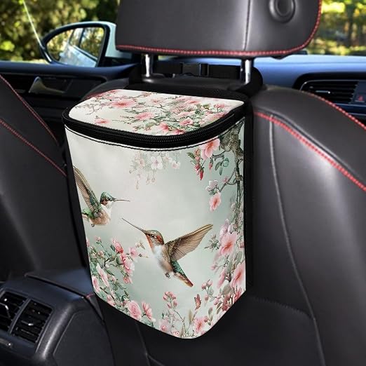 Talayituse Hummingbird Floral Print Car Trash Can with Lid, Leak Proof Auto Trash Bag Hanging Vehicle Garbage Can Multipurpose Storage Container for Back Seat Road Trip