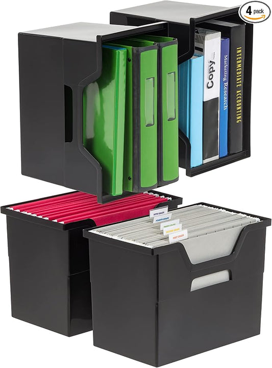 IRIS USA Large Portable Desktop File Box with Open Lid, 4 Pack, Side Handles, Hanging File Folders, Tabs & Inserts, Letter Size, Magazines, Newspapers, Mail, Books, Notebooks, Black