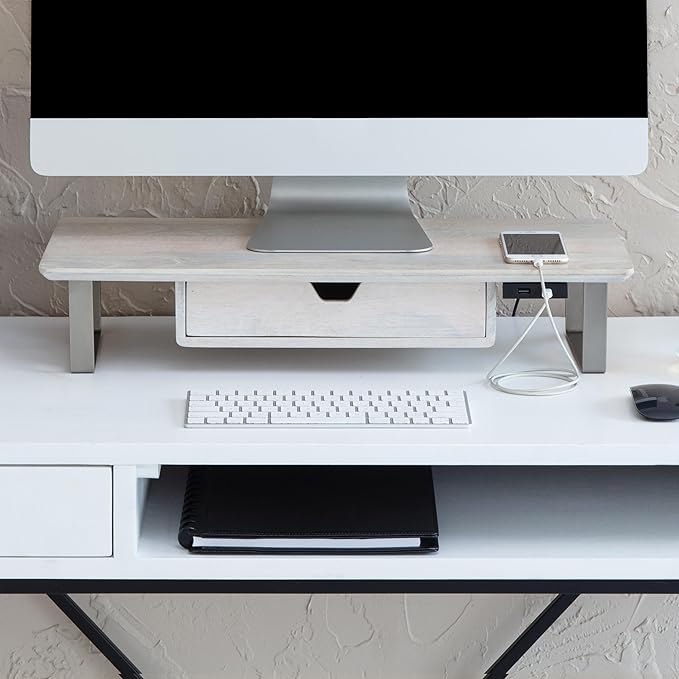 Anji Mountain Monitor Stand - Desktop Organizer & Laptop Riser, Ergonomic Monitor Riser, Space-Saving Monitor Stand for Desk, Durable Construction, Easy Assembly, Ideal for Home & Office,White Wash