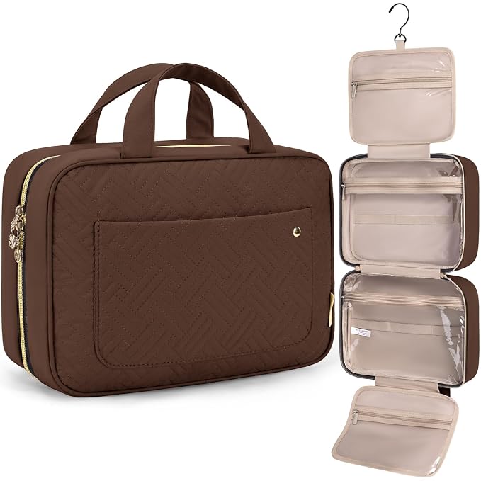 BAGSMART Toiletry Bag Travel Bag with Hanging Hook, Water-resistant Makeup Cosmetic Bag Travel Organizer for Accessories, Shampoo, Full-size Container, Toiletries (Coffee, Medium)