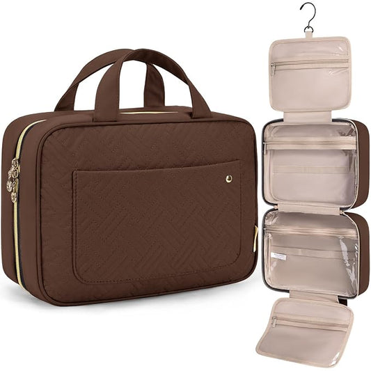 BAGSMART Toiletry Bag Travel Bag with Hanging Hook, Water-resistant Makeup Cosmetic Bag Travel Organizer for Accessories, Shampoo, Full-size Container, Toiletries (Coffee, Medium)