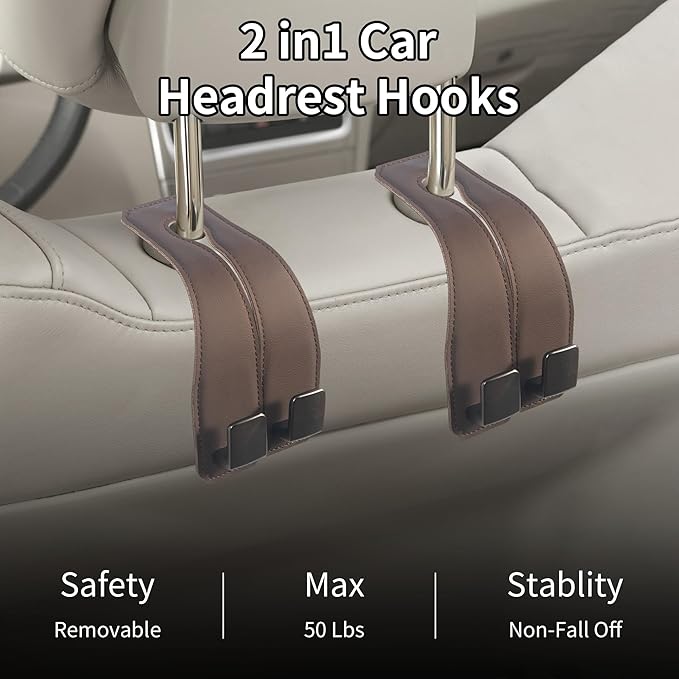 vidonio 2 Pack Double Car Seat Hooks for Headrest, Rotatable Purse Holder for Car,Premium Leather Car Hooks for Purses and Bags, Headrest Hooks and Storage Accessories (Brown)