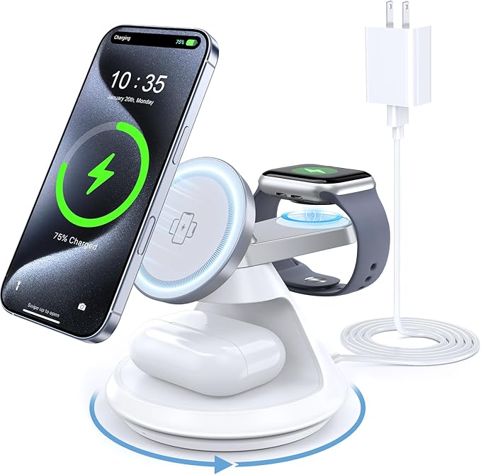 3 in 1 Charging Station for Apple MagSafe Charger Compat, 15W Magnetic Wireless Charger Stand, 360° Rotating Dock, Wireless Charging Station for iPhone 17 16 15 14 13 12 Series for iWatch for AirPods
