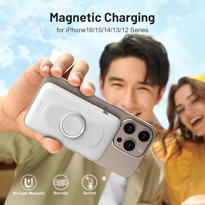 BLAVOR for Magsafe Portable Charger with Built-in Cables, 10000mAh Wireless Magnetic Power Bank with Stand, USB C 20W PD Fast Charging Travel Battery Pack for iPhone 17/16/15/14/13/12 and Apple Watch