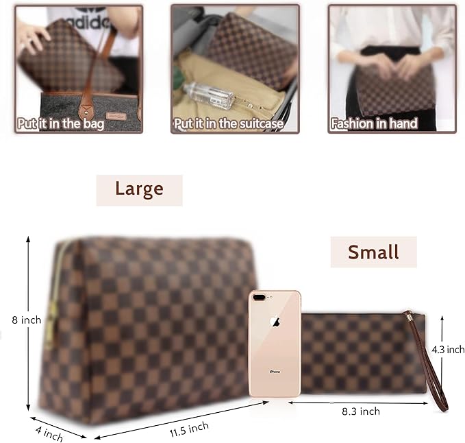 BAGCRAZY Large Makeup Bag, Travel Cosmetic Bag Set 2 Pack, Waterproof PU Leather Toiletry Bag for Women, Portable Makeup Organizer for Travel and Daily Use
