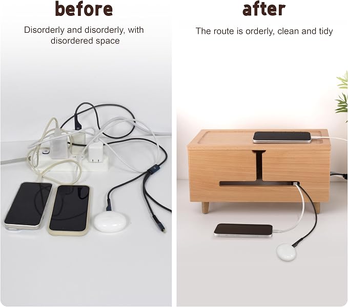Natural Beechwood Large Cable Management Box for Power Strip & Cord Hider | Solid wood cable box fits 13" strips, flame-retardant, detachable legs, vents, child-safe, tool-free, hides 6-8 cords