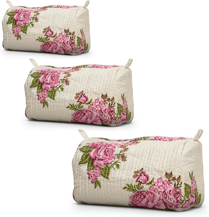 Cotton Hand Block Floral Print Toiletry Bag For Women Make Up Cosmetic Bag Jewelry Organizer Kit Storage Case Travel Accessories Essential Toiletries Purse Pouch (Cream - Set of 3, Small Medium Large)