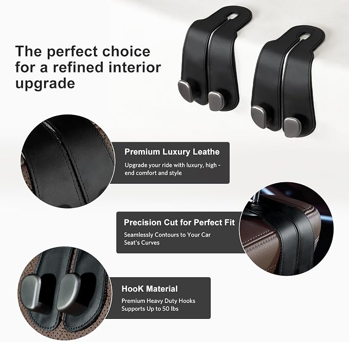 CoBak Purse Hook for Car - Universal Premium Stitched Leather and Aluminum-Magnesium Alloy Double Car Seat Back Storage Hook for Purses, Handbags, Bags (4 Pack),Black