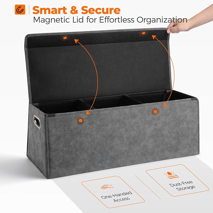 Fyzeoty Car Organizers and Storage - Trunk Organizer for Suv Car,Car Trunk Leather Storage Box,Extra Large,Magnetic Lid,Collapsible and Adjustable Trapezoidal - Grey